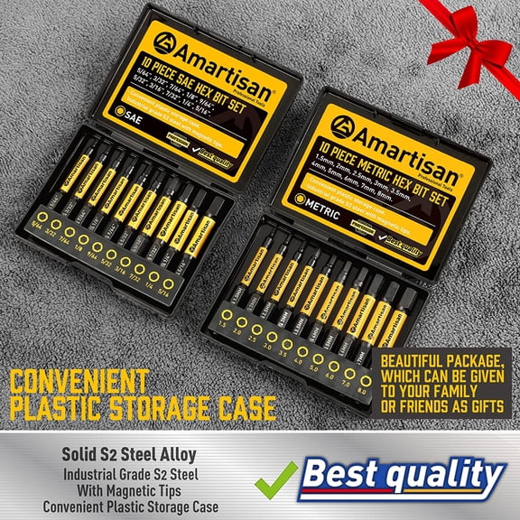 HSAPOW-20-Piece Hex Head Allen Wrench Drill Bit Set, Metric and SAE S2 Steel Hex Bits Set, Magnetic Tips, 2.3" Long With Storage box. (20-Piece Hex Bit Set - NEW)