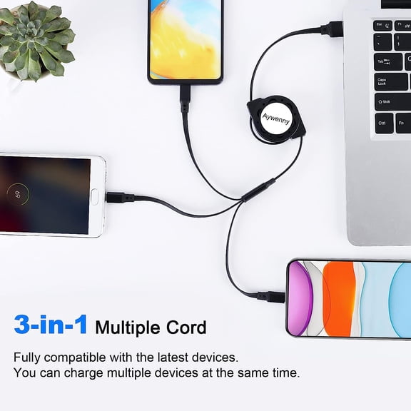 HSAPOW-[2026 Upgraded] 3 Pack Multi Retractable Charging Cable, 3 in 1 USB Charging Cable with USB C/Micro USB/Phone Port, 3.3FT Charging Cable for Phone17 16 15 14 13 12 11 XS XR X 8 7 6 SE (3Pcs)