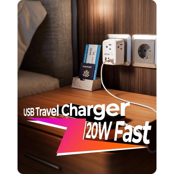 HSAPOW-20W Germany France Travel Power Adapter, Type E/F Plug Converter with 4 Outlet, 4 USB Charger(2 Type C) Adaptor, US to EU Spain French German Greece Norway Iceland Korea Russia Portugal