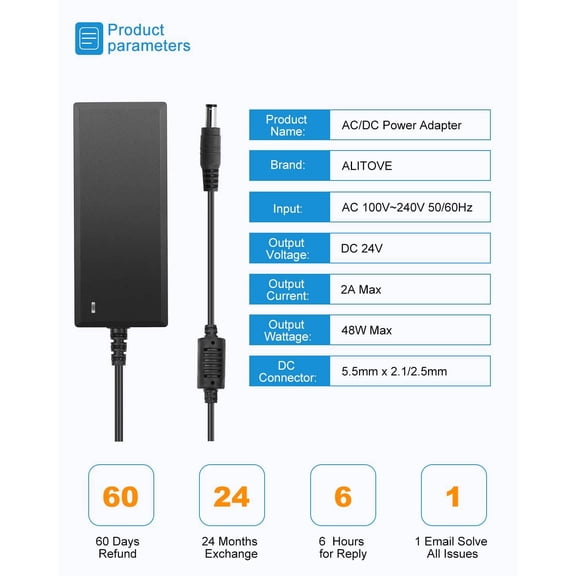 HSAPOW-24V DC Power Supply 2A 48W AC/DC Adapter 100~240V AC to DC 24 Volt 2 Amp Converter 24 vdc 2000mA 1.8A 1.5A 1.3A 1.2A with 5.5mmx 2.5mm 2.1mm Plug for LED Strip Light CCTV Camera DC Pump Fan