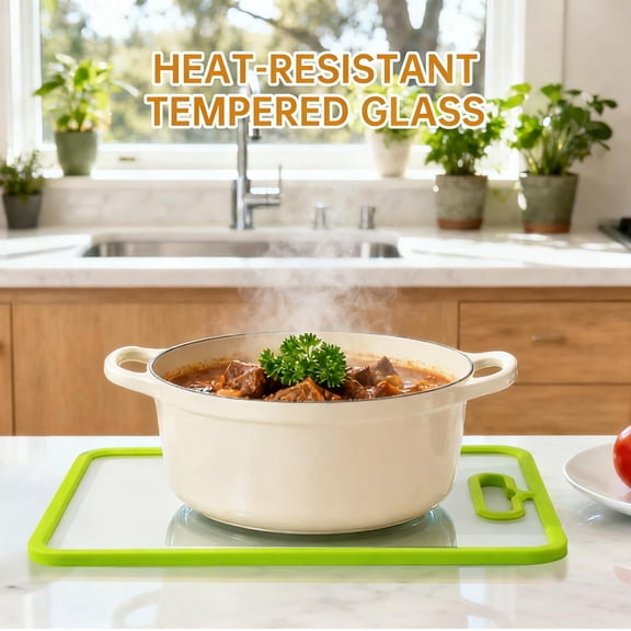HSAPOW-2Pcs Green Glass Cutting Board for Kitchen, Tempered Glass Chopping Board with Non-Slip Edges, Dishwasher Safe Clear Cutting Board Set for Countertop, 15"11" & 13"9"