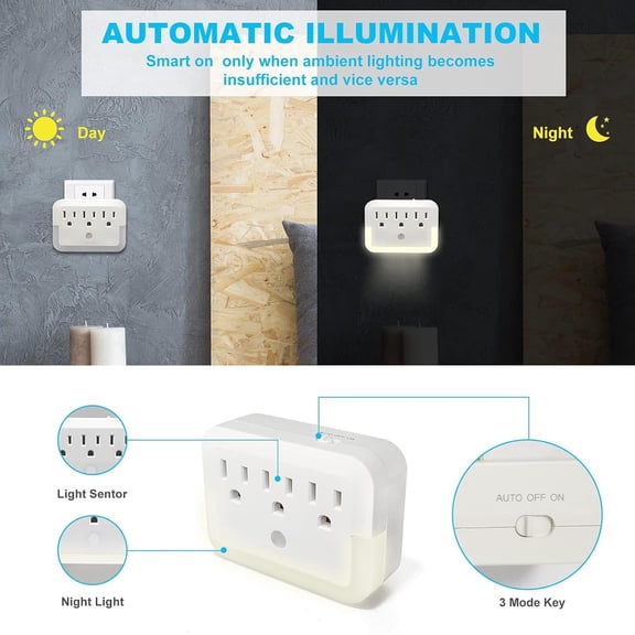 HSAPOW-3-Outlet Wall Adapter Plug Extender with Warm White LED Night Light - Multi-Port Socket with Light-Sensing Night Light for Hallways, Stairs, Bedrooms, and Living Rooms