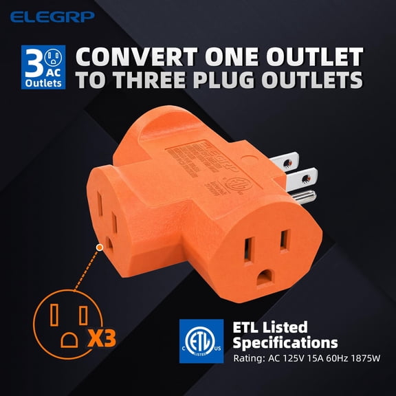 HSAPOW-3-Prong Heavy Duty Power Extender to Triple Outlet in T Direction, Multi-Directional Grounded Wall Tap Outlet Extender with 3 Prong Plug-in, 15-Amp, 125-Volt, ETL Listed, 3 Pack, Orange