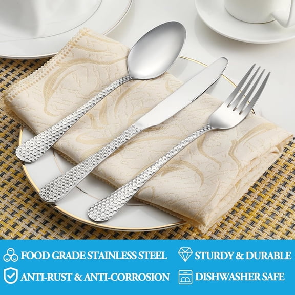 HSAPOW-30 Pcs Hammered Silverware Set Service for 6,Stainless Steel Flatware Set,Mirror Polished Cutlery Utensil Set,Durable Home Kitchen Eating Tableware Set,Include Fork Knife Spoon Set,Dishwasher