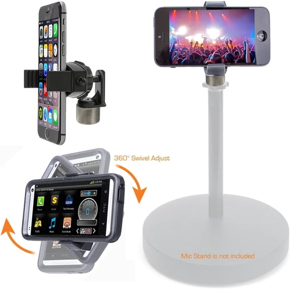 HSAPOW-360 Swivel Adjust Smartphone Holder with 5/8" Tripod Microphone Stand Adapter for All Smartphone up to 3.6 inch Wide (iPhone 17 Air 16 15 Pro Max Plus Galaxy S25 S24 Fold Flip)