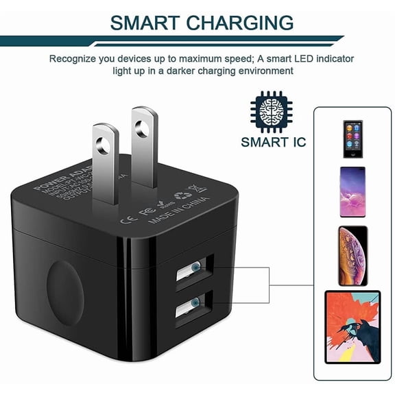 HSAPOW-3Pack USB Wall Chargers, 2.4A Dual Port Fast Charger Block Square Flat Power AC Adapter Phone Brick Charging Station for iPhone, Samsung Galaxy, LG Stylo, Google Pixel, USB Plug House Hold Box