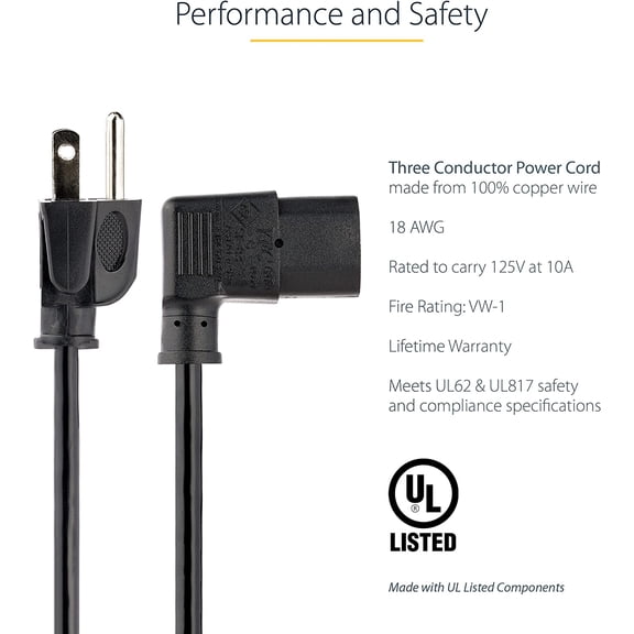 HSAPOW-3ft (1m) Computer Power Cord, NEMA 5-15P to Right Angle C13, 10A 125V, 18AWG, Replacement AC Power Cord, PC Power Supply Cable, Printer/Monitor Power Cord - UL Listed (PXT101L3)