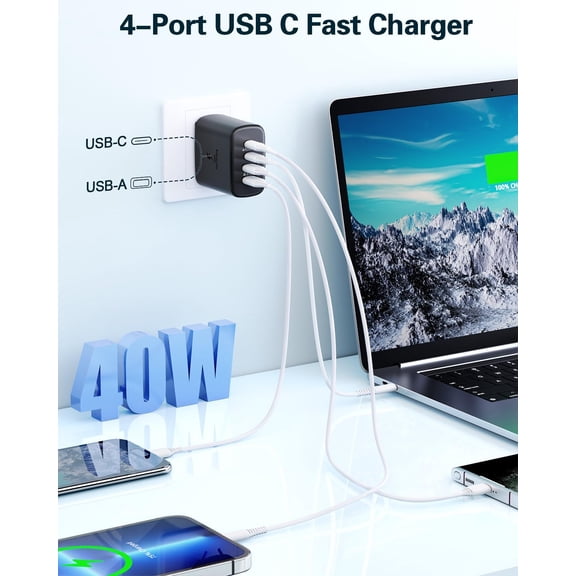 HSAPOW-40W USB C Charger Black, 2-Pack USB C Wall Plug Fast Charging Block, 4-Port PD+QC Power Adapter Multiport Brick Type C Box Dual Charger Block for iPhone 17/16/15/14/13/12/11/Pro Max, Samsung,