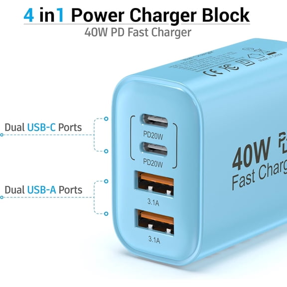 HSAPOW-40W USB C Charger Block, 4-Port Fast Charging Block (2 USB-C + 2 USB-A), Compact Multi-Device Wall Plug Adapter for iPhone 17,16,15,14,13, Pro Max, Samsung Galaxy S24/S23/, Travel & Home (Blue