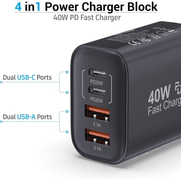 HSAPOW-40W USB C Charger Block, 4-Port Fast Charging Block (2 USB-C + 2 USB-A), Compact Multi-Device Wall Plug Adapter for iPhone 17,16,15,14, Pro Max, Samsung Galaxy S24/S23 Travel & Home (Black 1Pa