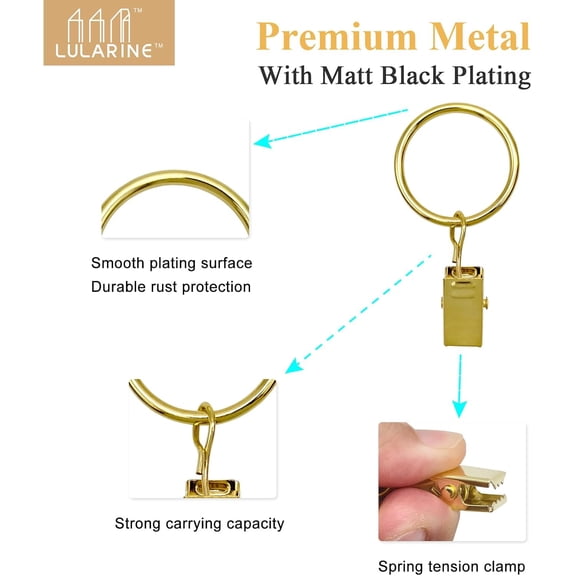 HSAPOW-42 Pack Curtain Rings with Clips 1.26" Interior Diameter,Metal Drapery Ring with Clips Compatible with up to 1 inch Drapery Rod,Strong Vintage Decorative Rustproof Drapery Ring with Hooks(Gold