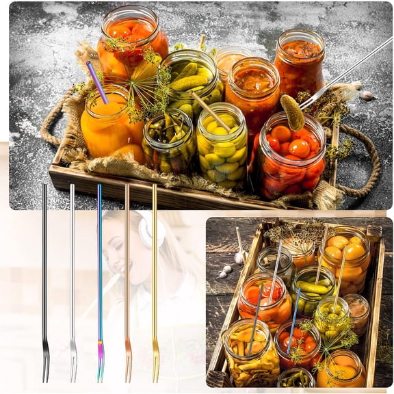 HSAPOW-5 Pcs Pickle Fork, 8.66 Inches Long Handle Olive Fork 304 Stainless Steel Pickle Picker Grabber Tool for Jar Cocktail Dessert Fruit, 2 Prong(Multicolor)