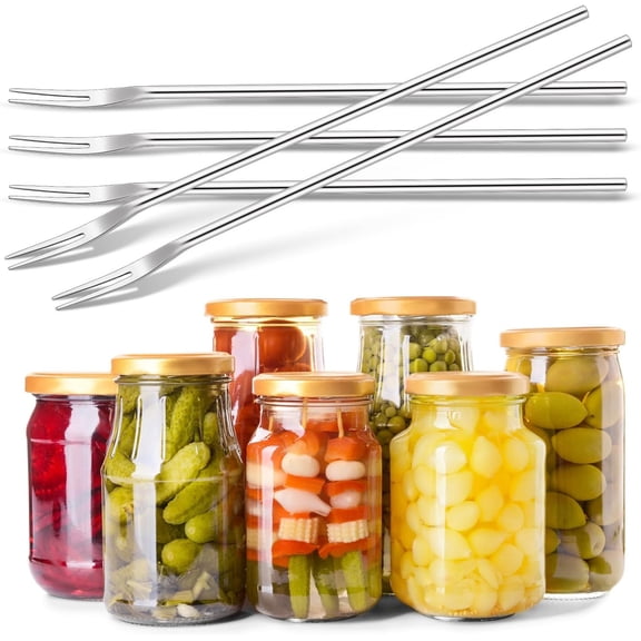 HSAPOW-5 Pcs Pickle Fork, 8.66 Inches Long Handle Olive Fork 304 Stainless Steel Pickle Picker Grabber Tool for Jar Cocktail Dessert Fruit, 2 Prong(Silver)