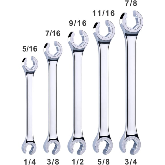 HSAPOW-5-Piece Double-End SAE Flare Nut Wrench Set in Rack, Size 1/4, 5/16, 3/8, 7/16, 1/2, 9/16, 5/8, 11/16, 3/4, 7/8 | Cr-V Steel, 6-Point Head, Best Line Wrench for Fuel, Brake, Air Conditio