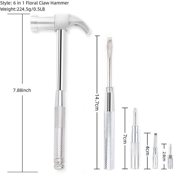 HSAPOW-6 in 1 Mini Multifunction Copper Hammer and Screwdriver Hand Tools, Screwdriver Kit for Opening Walnuts, Watchmaker, and Household Repairing Tool (Silver)