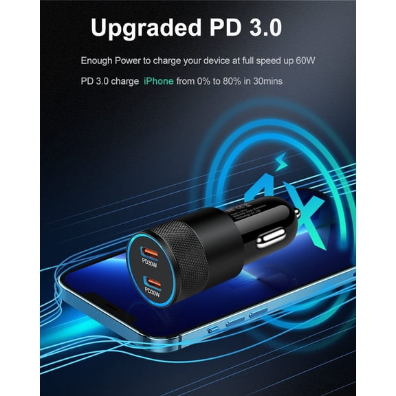 HSAPOW-60W USB C Car Charger, 2 Pack USB C Cigarette Lighter Adapter Fast Charging Dual Port PD3.0 Type C Car Charger Plug Compatible with iPhone 17 16 15 14 Pro Max Galaxy S26/S25/S24 Pixel 10 9Pro