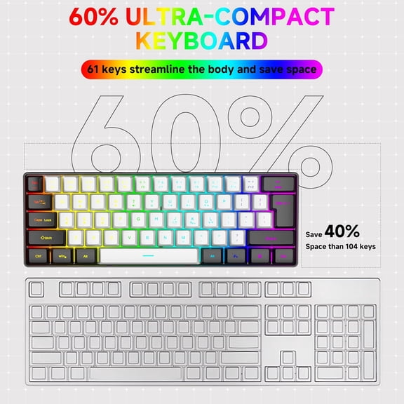 HSAPOW-61-Key Compact RGB Gaming Keyboard  60% Layout, Ergonomic Membrane Keys, 8-Color Backlight, Plug & Play for PC/Laptop (Windows 10/8/7)