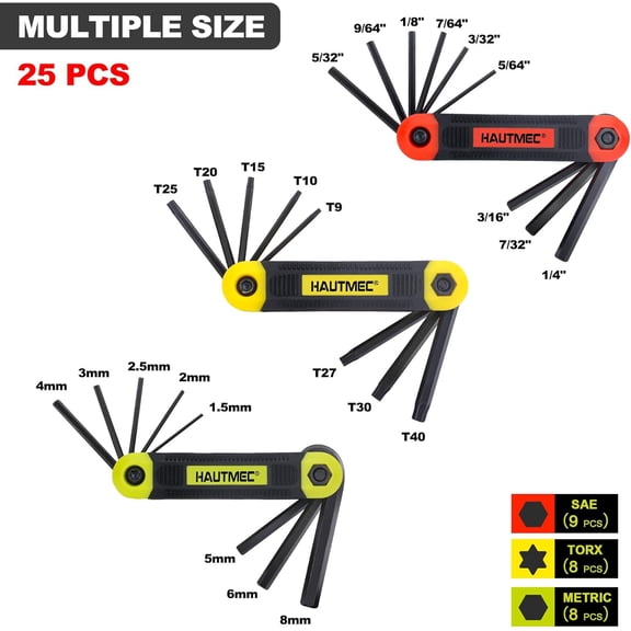 HSAPOW-61PCS Folding Allen Wrenches Sets, Includes Folding Hex Key and Standard Hex Allen Key Set, Metric/SAE/Torx, CR-V Steel, for General Applications, HT0389