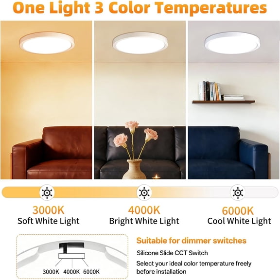 HSAPOW-7 Inch 2Pack Super Slim Flush Mount Ceiling Light Fixture,18W 1400LM Dimmable 3CCT Selectable 3000K-6000K Round Light Fixture for Living/Bedroom,Kitchen/Bathroom,Porch &All Indoor Spaces White
