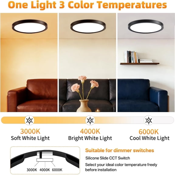 HSAPOW-7 Inch 2Pack Super Slim Flush Mount Ceiling Light Fixture,18W 1400LM Dimmable 3CCT Selectable 3000K-6000K Round Light Fixture for Living/Bedroom,Kitchen/Bathroom,Porch &All Indoor Spaces Black