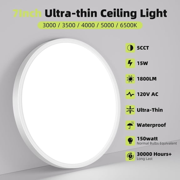 HSAPOW-7 Inch White Flush Mount Ceiling Light, 15W 1800LM Ceiling Light Fixture,3000K/3500K/4000K/5000K/6500K Color Selectable, LED Flat Ultra-Thin Round Lighting Fixture for Closet Bathroom Hallway