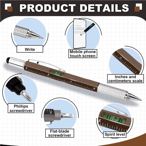 HSAPOW-8 Pcs 6 in 1 Multitool Pen with Screwdriver, Ruler, Level, Stylus, and Refills, Gift for Men Dad Husband, Birthday Gift, Tools Gadgets(Black, White, Gray, Brown)