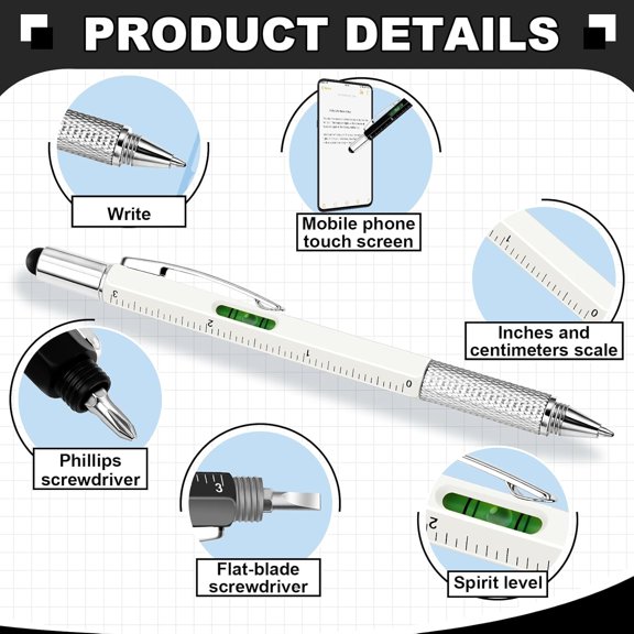 HSAPOW-8 Pcs 6 in 1 Multitool Pen with Screwdriver, Ruler, Level, Stylus, and Refills, Gift for Men Dad Husband, Birthday Gift, Tools Gadgets(Black, White, Gray)