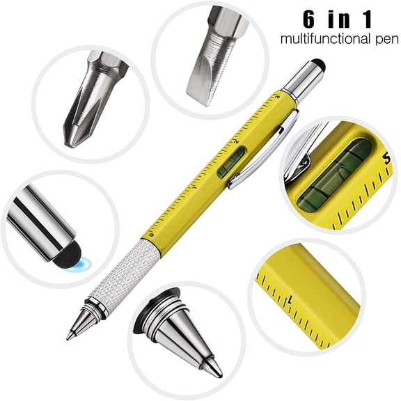 HSAPOW-8 Pcs 6 in 1 Multitool Pen with Screwdriver, Ruler, Level, Stylus, and Refills, Gift for Men Dad Husband, Birthday Gift, Tools Gadgets(Black, Yellow)