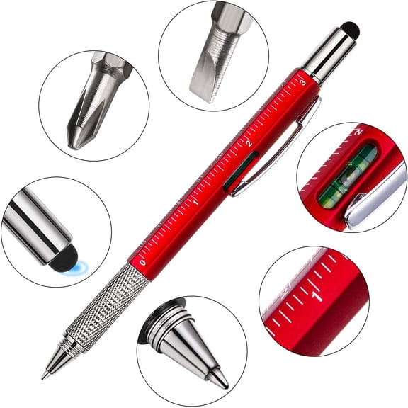 HSAPOW-8 Pcs 6 in 1 Multitool Pen with Screwdriver, Ruler, Level, Stylus, and Refills, Gift for Men Dad Husband, Birthday Gift, Tools Gadgets(Red, Blue, Green, Gray)