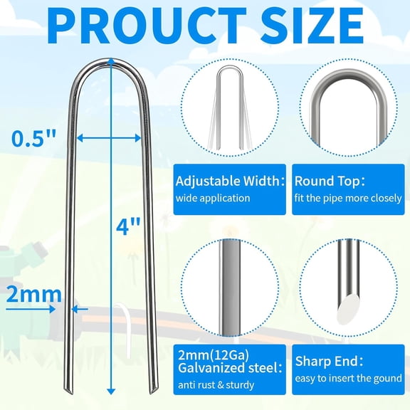 HSAPOW-80 Pack 4 Inch Garden Stakes, Galvanized Drip Irrigation Stakes U Shaped Landscape Staples Ground Stakes for 1/8" to 1/2" Soaker Hose,Irrigation Tubing, Garden Hose, Weed Barrier
