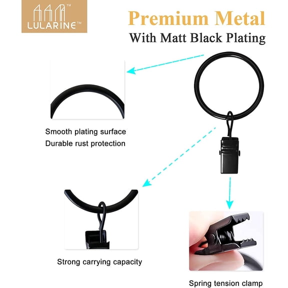 HSAPOW-84 Pack Curtain Rings with Clips 1.26" Interior Diameter,Metal Drapery Ring with Clips Compatible with up to 1 inch Drapery Rod,Strong Vintage Decorative Rustproof Drapery Ring with Hooks(Blac