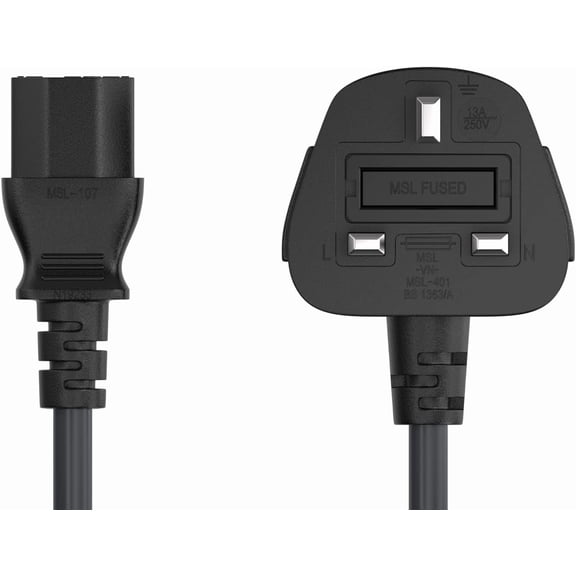 HSAPOW-8ft IEC320 C13 to BS1363 England UK Power Cord with Fuse 18AWG 13A/250V, Heavy-Duty for PCs, Monitors, Scanners, Printers, Britain 3 Prong Type G Plug, Black