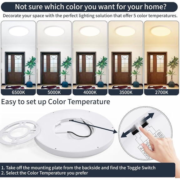 HSAPOW-9 Inch Flush Mount Ceiling Light, 5 Color Adjustable Slim 18W 1800LM 2700K-6500K Wired LED Fixture, Modern Low Profile LED Ceiling Lamp for Hallways, Kitchen, Bedroom, Closets, Bathroom, Round
