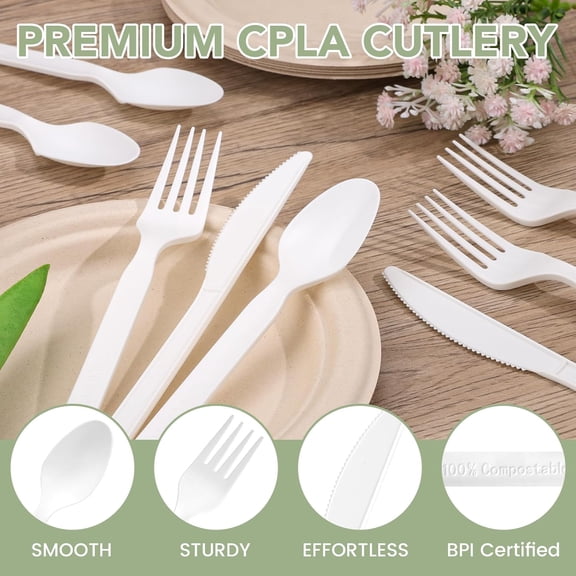 HSAPOW-90 Count Disposable Compostable Cutlery Set  BPA-Free Spoons, Forks & Knives for Parties, Events & Everyday Use