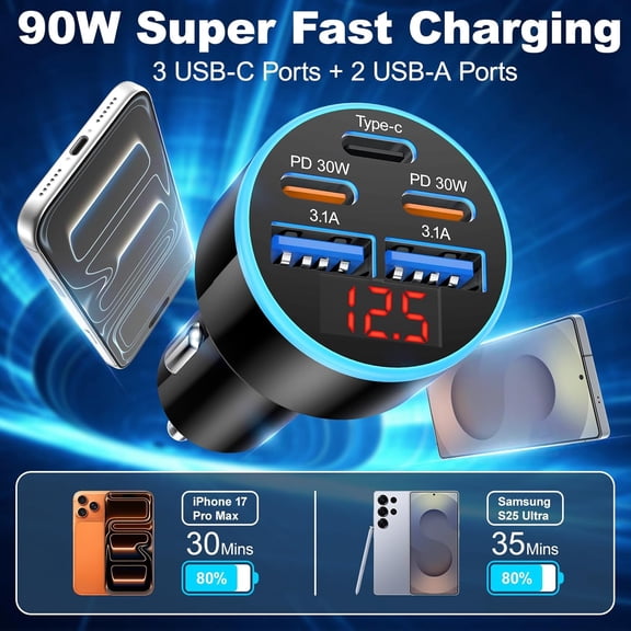 HSAPOW-90W USB C Fast Car Charger, 2-Pack 5 Port USB C Car Phone Charger with Voltage Display, Dual PD 30W Multi Port Cigarette Lighter USB Charger for iPhone 17/Air/16/15 Pro Max,Galaxy S25/S24,iPad