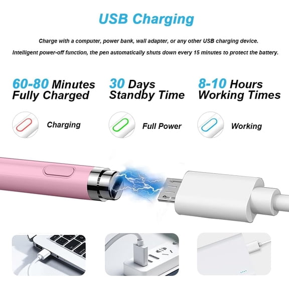 HSAPOW-Active Stylus Pen for Touchscreen, iPad Pencil 1.5mm Fine Point Pen, Digital Pens Rechargeable for Tablet, Stylus Pens Compatible with iPad Air/Mini/Pro/Android/iPhone and Most Device - Pink