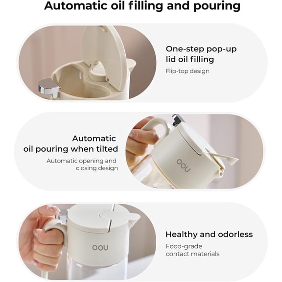 HSAPOW-B2 Oil Dispenser Bottle, 20oz/600ml Borosilicate Glass Olive Oil Bottle with One-Step Pop-Up Lid, One-Hand Pour Control, Leak-Resistant Silicone Seal, Stainless Steel Spout & 304 Filter, Off-W