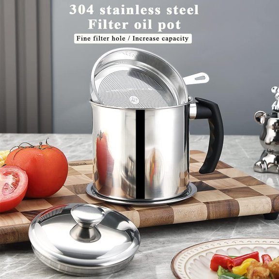 HSAPOW-Bacon Grease Container With Strainer 47oz/1.4L, Stainless Steel Oil Storage Container with Fine Mesh Strainer Dust-proof for Storing Frying Oil and Cooking Fat, Cooker Accessories