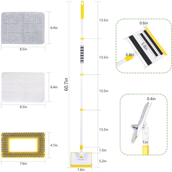 HSAPOW-Baseboard Cleaner Tool with Long Handle,Wall Cleaner Mop with Extendable Handle 1 Stiff Bristles mop Head and 4 Reusable Cleaning PadsDuster for Cleaning Tile Ceiling Window Skirting Board