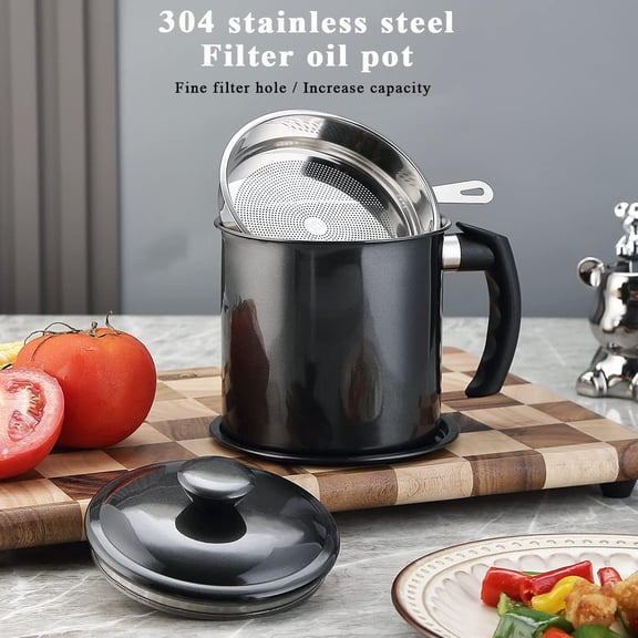 HSAPOW-Black Bacon Grease Container With Strainer 47oz/1.4L, Stainless Steel Oil Storage Container with Fine Mesh Strainer Dust-proof for Storing Frying Oil and Cooking Fat, Cooker Accessories