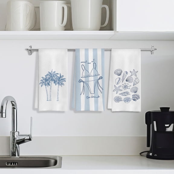 HSAPOW-Blue Beach Kitchen Towels, Tropical Palm Tree Seashell Coastal Dish Tea Towels for Kitchen Decor, Girly Preppy Beach Nautical Decorative Hand Towels for Bathroom Decor, 16x24 Inch Set of 3