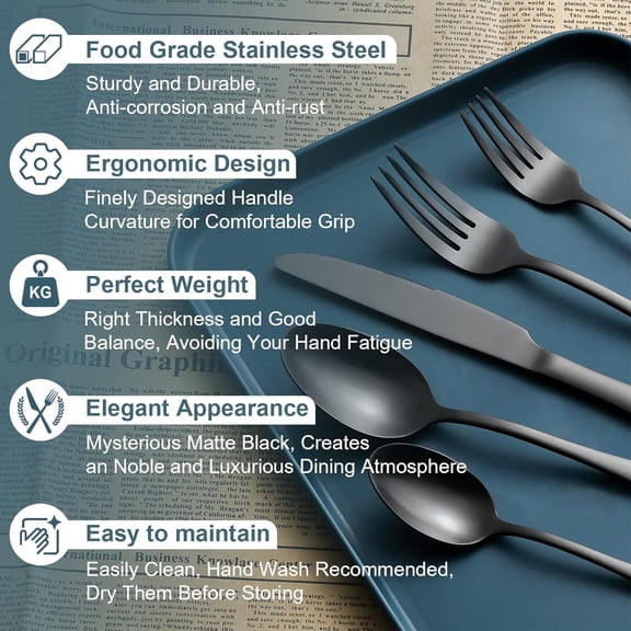 HSAPOW-Briout Matte Black Silverware Set, Stainless Steel Cutlery Set Service for 4, Black Flatware Utensil Set Include Fork Knife Spoon for Kitchen Home Restaurant, Premium Tableware