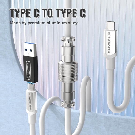 HSAPOW-CO4-C Coiled USB C Cable for Mechanical Keyboard with USB to USB C Adaptor, Type C to Type C, TPU Double Sleeved Spring Charging Cable with 5-Pin Metal Aviator Connector, 4.92ft Length