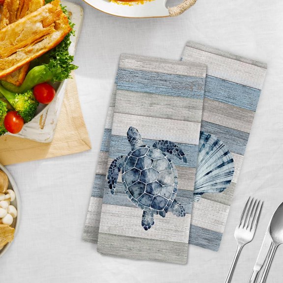 HSAPOW-Coastal Beach Kitchen Towels, Nautical Beachy Coral Starfish Hand Towels Set of 4, Coastal Sea Turtle Seashell Hand Dish Tea Towel for Kitchen Bathroom Decor, Beach Bathroom Decor, 16x24 Inch