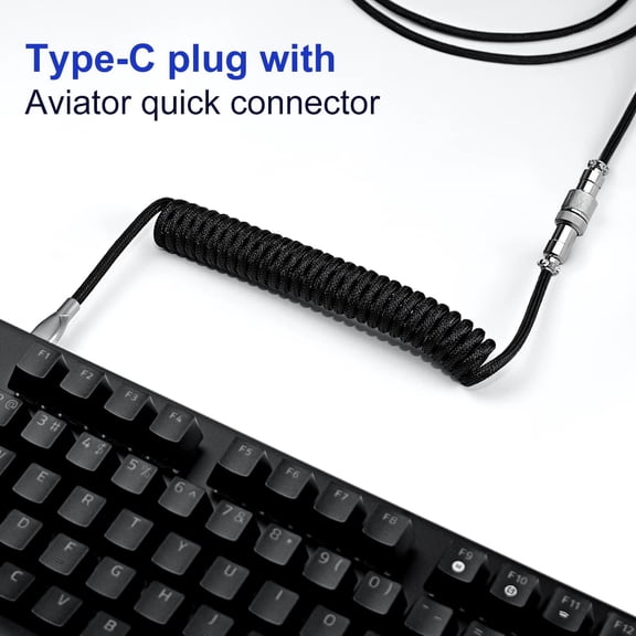 HSAPOW-Coiled Keyboard Cable, Pro Custom Coiled USB C Cable for Gaming Keyboard, Double-Sleeved Mechanical Keyboard Cable with Detachable Metal Aviator, 1.8M USB-C to USB-A (Black)