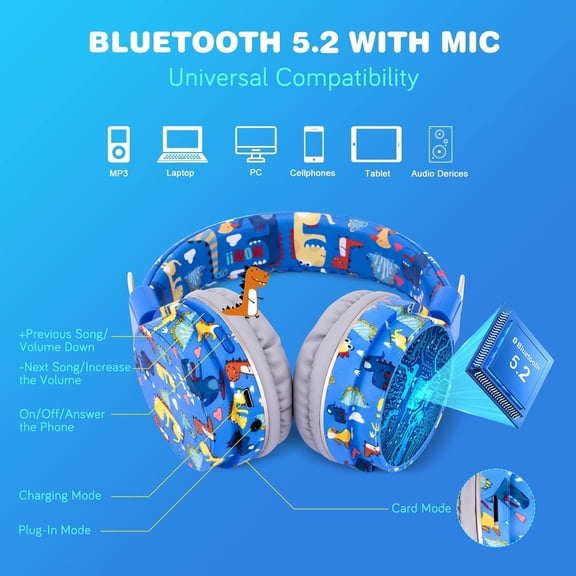 HSAPOW-Cool Dinosaur Bluetooth Headphones, 85dB Safe Volume Limit, Wireless & 3.5mm Wired Headset with Mic, Bluetooth 5.2, Fast Charging, Foldable,for School, Tablet, Travel, Airplane