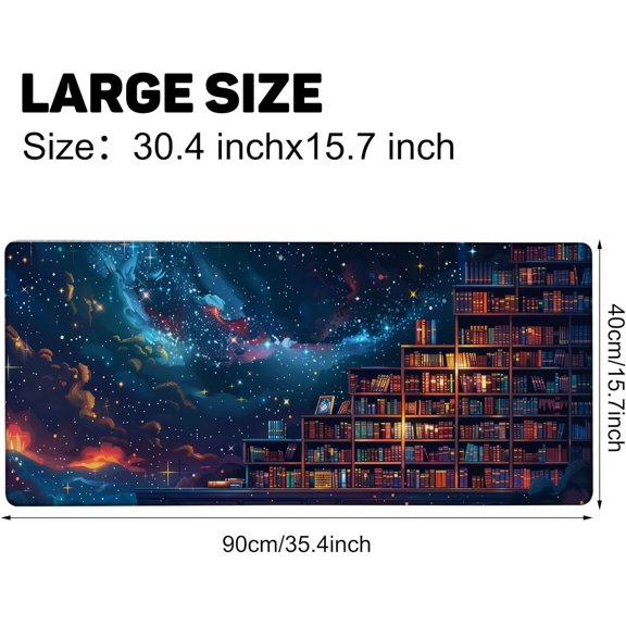 HSAPOW-Cosmic Library Floating Amidst The Stars Gaming Mouse Pad 35.4 x 15.7 Inches with Non-Slip Rubber Base, Smooth Cloth Surface Desk Keyboard Mat for Computer, PC, Laptop, Desktop
