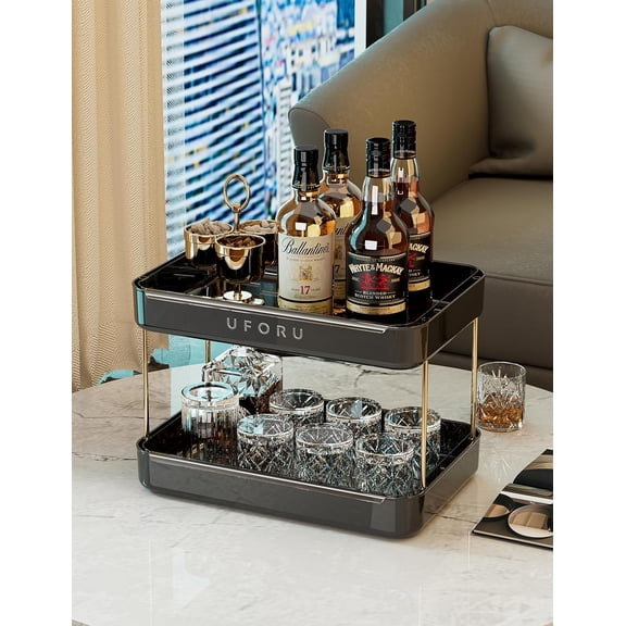 HSAPOW-Countertop Coffee Station Organizer, 2 Tier Wine Glass Holder, Mug Display Shelf with Removable Drain Tray, Spice & condiment Rack for Kitchen, Bathroom Countertop Organizer, Black