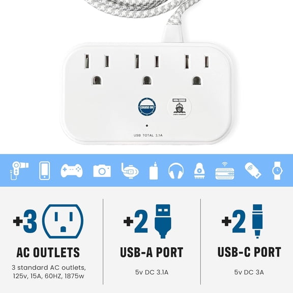 HSAPOW-Cruise Approved Power Strip Non Surge Protector with 3.3 ft Travel Extension Cord and USB Ports [2 USB, 2 USB-C, 3 AC] Cruise Ship Essentials for Carnival, Princess, & Major Cruise Lines 2026