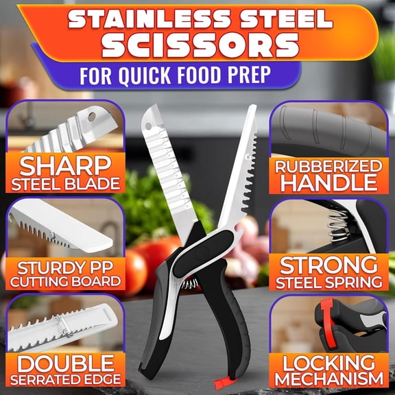 HSAPOW-Cutting Board Scissors for Food  6-in-1 Kitchen Shears with Ribbed Blade, Automatic Spring & Safety Lock, Dishwasher Safe  Cheese Scissors for Easy Slicing of Meat, Fish, Veggies,